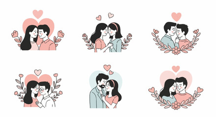 Minimalist romantic couple illustration with hearts and flowers vector bundle.