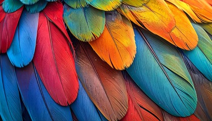 Close-up of vibrant, overlapping feathers in a rainbow of colors, detailed texture