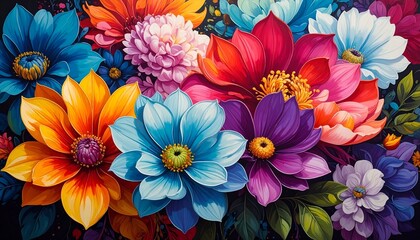 A vibrant, close-up cluster of brilliantly colored flowers with intricate details