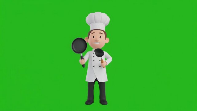 A cheerful cartoon chef stands against a green screen background, holding a frying pan and a spatula, wearing a white uniform and hat.