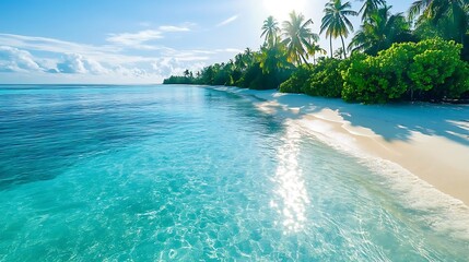 Fototapeta premium Vibrant tropical beach scene featuring clear turquoise ocean water, white sand, and green palm trees under a bright sunny sky. Ideal for travel and relaxation concepts
