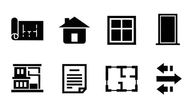 Vector illustration&nbsp;of set of eight black silhouette icons representing real estate, architecture, and construction element isolated on transparent background