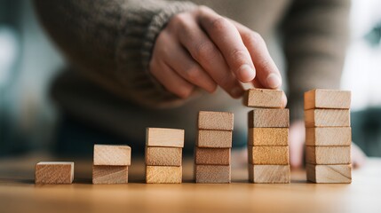 Person stacking wooden blocks, symbolizing growth, development, and strategic planning.