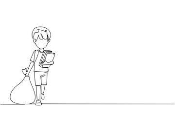 One line drawing of a boy carrying books and a heavy bag, symbolizing struggle, hope, and the right to education in a global human rights business concept for World Day Against Child Labor campaign.