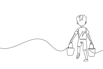 Continuous line drawing of a boy carrying two buckets while walking, back view, symbolizing child labor, endurance, and hope in a humanitarian awareness concept for World Day Against Child Labor.
