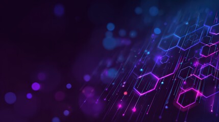 Abstract Digital Hexagonal Structure with Glowing Blue and Purple Light over Dark Background