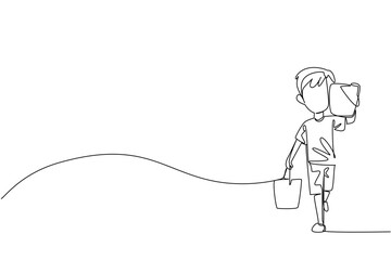 Single line drawing of a boy carrying two buckets, symbolizing hardship, resilience, and the call for child protection in a global human rights business concept for World Day Against Child Labor.