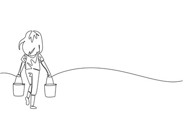 One line drawing of a girl carrying two buckets, rear view, symbolizing burden, strength, and the right to equality in a humanitarian awareness concept for World Day Against Child Labor campaign.