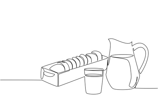 Single line drawing of sliced bread beside a milk jug and glass, representing comfort, breakfast, and homemade taste in a cozy food business concept for National Peanut Butter Cookie Day celebration. - Powered by Adobe