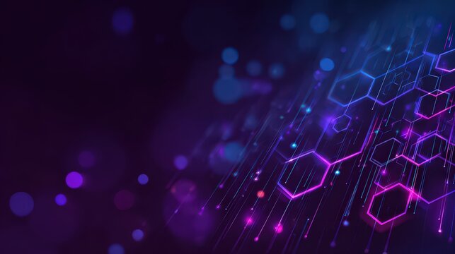 Abstract Digital Hexagonal Structure with Glowing Blue and Purple Light over Dark Background