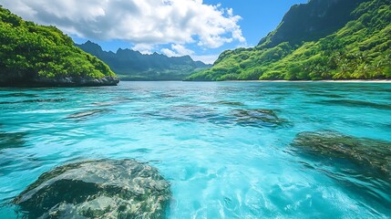 Vibrant tropical bay with crystal clear turquoise water, lush green mountains, and a secluded white sand beach. Ideal for travel, vacation, and nature