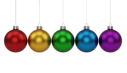 Obraz premium A Line of Five Hanging Christmas Ornaments in Matte and Glossy Primary Colors (Red, Gold, Green, Blue, and Purple), Isolated Against a Transparent Background