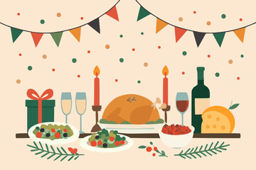 Dinner Table New Year Flat Vector