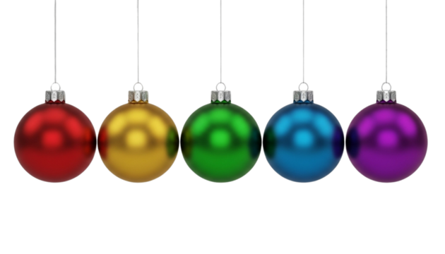 A Line of Five Hanging Christmas Ornaments in Matte and Glossy Primary Colors (Red, Gold, Green, Blue, and Purple), Isolated Against a Transparent Background