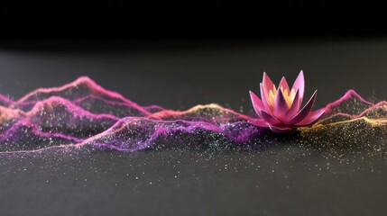 A vibrant pink lotus flower rests on a dark surface, surrounded by undulating waves of colorful glitter particles in shades of pink, purple, and gold. The backg
