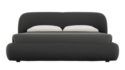 Modern minimalist bed with dark gray upholstered headboard and white mattress on transparent background