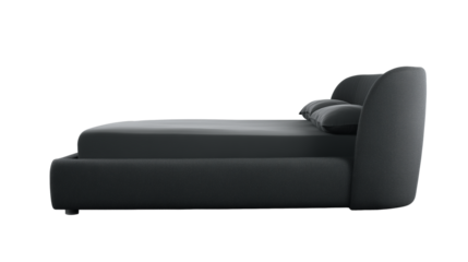 Modern minimalist sofa with dark gray upholstery and black legs on transparent background
