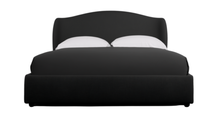 Modern minimalist bed with sleek upholstered frame and wing-like headboard on transparent background