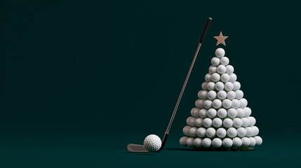 Creative holiday display with golf balls arranged as a Christmas tree beside a golf club