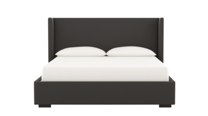 Modern minimalist bed with sleek upholstered headboard and winged design on transparent background