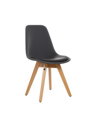 Contemporary chair with black seat and light wood legs on transparent background