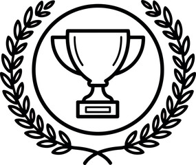 Black Line Trophy Award Icon Surrounded by Laurel Wreath on White Background