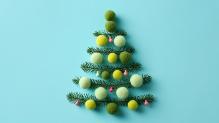 Decorative Christmas tree made of green and white pom poms with festive ornaments on a light blue background