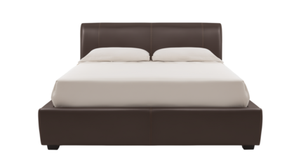 Minimalist bed with dark brown leather headboard and white bedding on transparent background