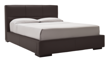 Contemporary bed with dark brown leather upholstery and white mattress on transparent background