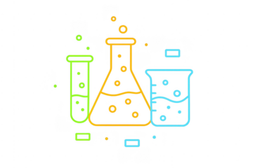Chemistry laboratory glassware with bubbling colorful liquids