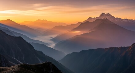 Golden hour paints the himalayan mountains in a breathtaking vista view