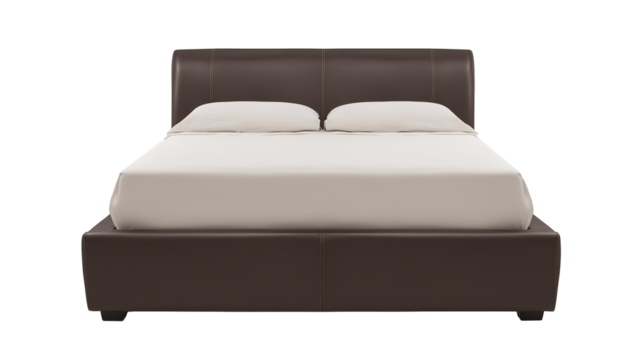 Minimalist bed with dark brown leather headboard and white bedding on transparent background