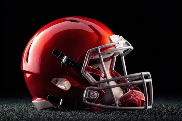 Glossy Red Football Helmet on Dark Speckled Background with Studio Lighting and Grid Iron Texture Surface Reflecting Helmet Color