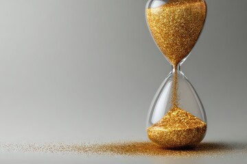 Hourglass with Gold Glitter Against a Gray Background Illustrating Time Passing
