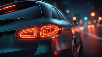 Sleek SUV tail lights shine brightly, offering modern style and safety on city streets at night for automotive design and urban lifestyle concepts