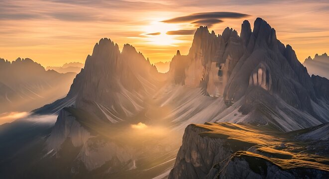 Dramatic sunrise over the majestic odle mountains in the italian dolomites