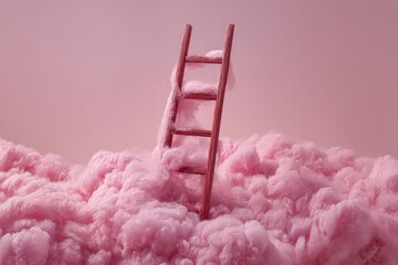 Pink Ladder Ascending Through Abstract Pink Cloudscape on Pink Background