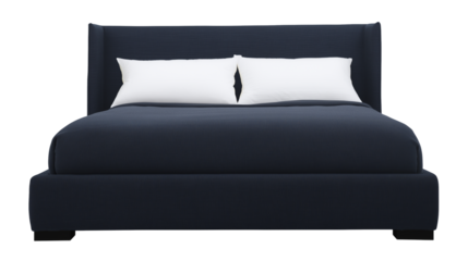 Modern low-profile bed with dark blue upholstered headboard and black wooden legs on transparent background