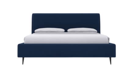 Modern bed with dark blue upholstered frame and light gray bedding on transparent background