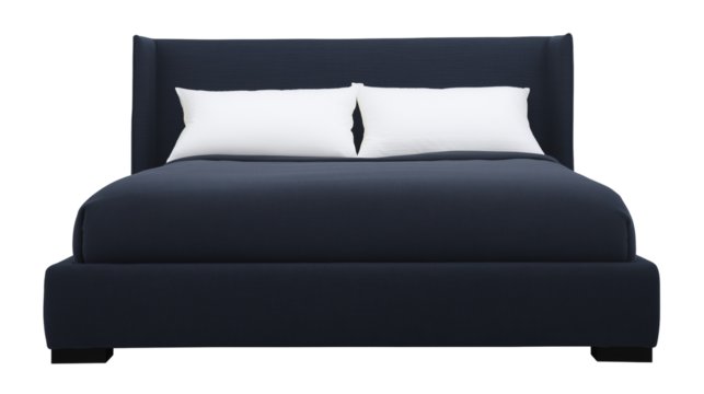 Modern low-profile bed with dark blue upholstered headboard and black wooden legs on transparent background - Powered by Adobe