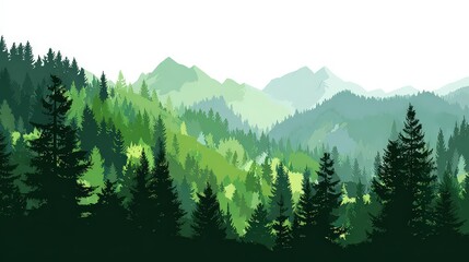 Pixelated Forest And Mountain Landscape With Green Hues Under Bright Sky
