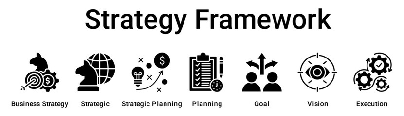 Strategy Framework banner web icon vector illustration concept for business with icon of Business Strategy, Strategic, Strategic Planning, Planning, Goal, Vision.