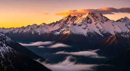 Snowcapped mountains bathed in the warm glow of the setting sun