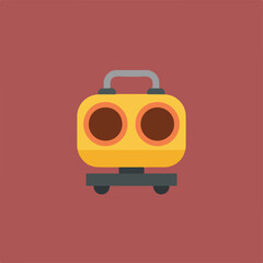 Obraz premium An illustration of a yellow suitcase with two round sections, a grey handle, and small wheels, centered against a red-brown background.