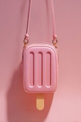 Playful Pink Popsicle Purse Hanging Against a Matching Pink Background with Golden Hardware Accents and Intricate Texture Detail Under Bright Studio Lighting
