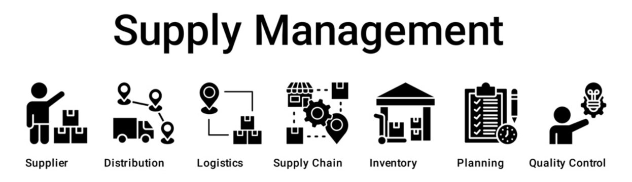 Supply Management banner web icon vector illustration concept for business with icon of Supplier, Distribution, Logistics, Supply Chain, Inventory, Planning, Quality.