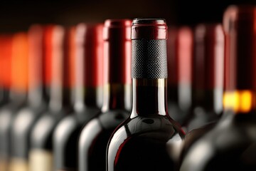 Row of Red Wine Bottles with Focus on Front Bottle Dark Background