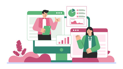 Flat Design Remote Team Brainstorming Session Flat Vector Illustration