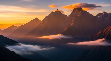 Majestic mountain peaks pierce through the ethereal mist at golden hour