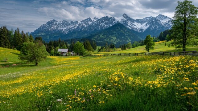 Idyllic alpine mountain landscape with vibrant spring meadows, lush green slopes, wildflowers in full bloom, and majestic snow-capped peaks under clear bright sky in peaceful european wilderness